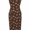 Collectif Hepburn Fall Leaves 50's Pencil Dress Brown
