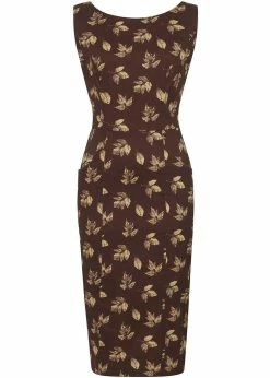 Collectif Hepburn Fall Leaves 50's Pencil Dress Brown