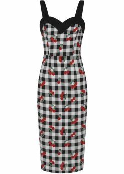 Collectif Kiana Gingham Cherries 50's Pencil Dress Black