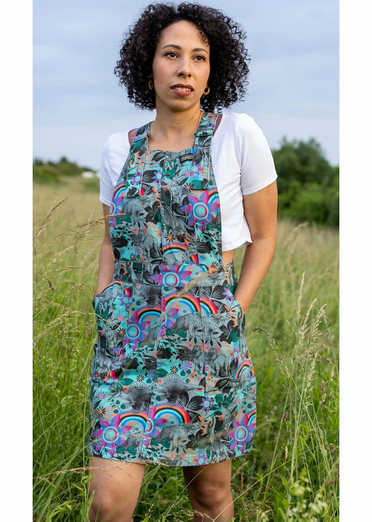 Run And Fly Dinosaur Rainbow 60's Pinafore Dress Grey