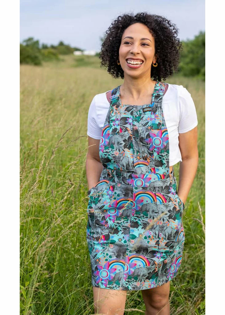 Run And Fly Dinosaur Rainbow 60's Pinafore Dress Grey - Image 3