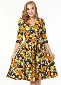 Timeless Barbara Floral 50's Swing Dress Black