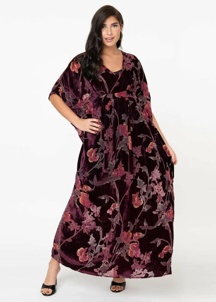 Unique Vintage Burton Devore Floral Velvet 70's Kaftan Dress Wine