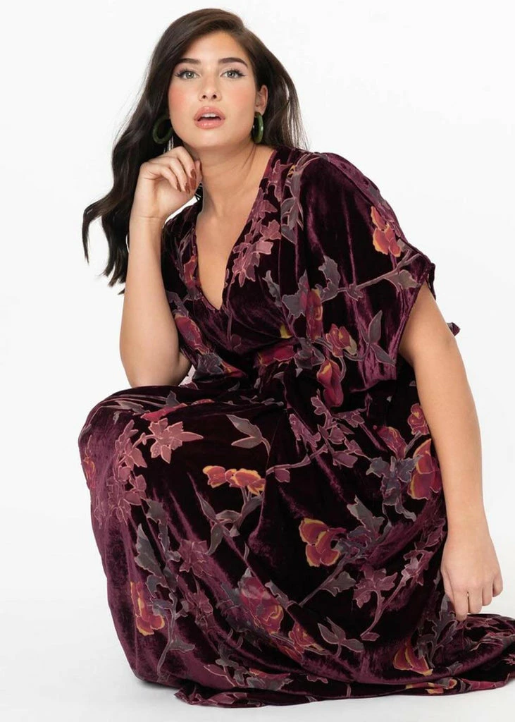 Unique Vintage Burton Devore Floral Velvet 70's Kaftan Dress Wine - Image 2