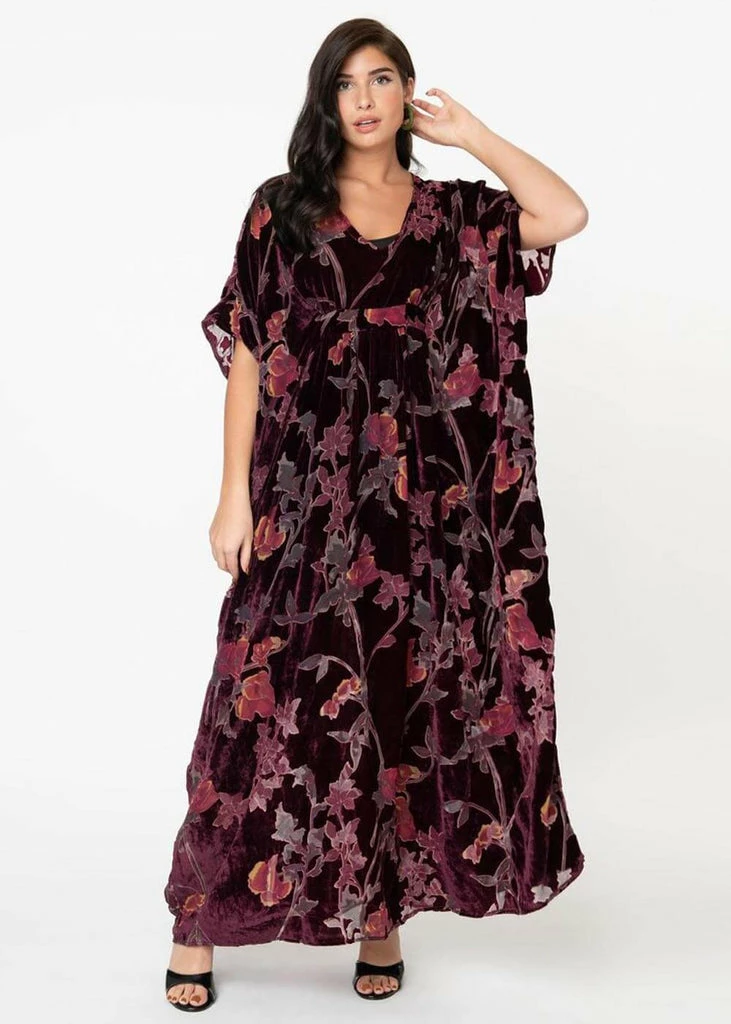 Unique Vintage Burton Devore Floral Velvet 70's Kaftan Dress Wine - Image 5