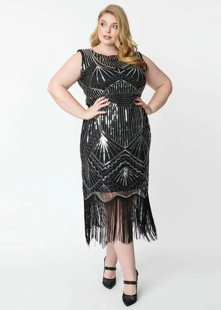 Unique Vintage Therese Sequin 20's Flapper Dress Black Silver - Image 4