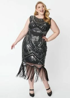 Unique Vintage Therese Sequin 20's Flapper Dress Black Silver